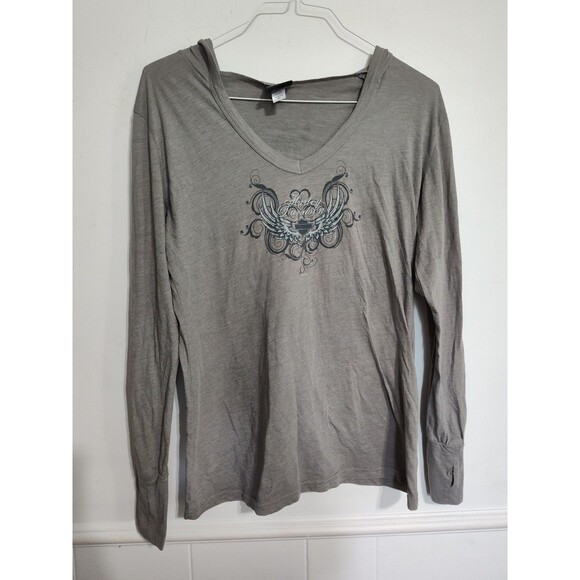 Other - Y2K Harley Davidson Ladies Hooded Long Sleeve T-shirt Tattoo Wings Skater Avril